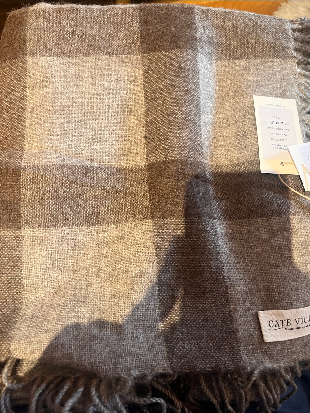 Cate Victoria Taupe & Cream Check Wool Scarf